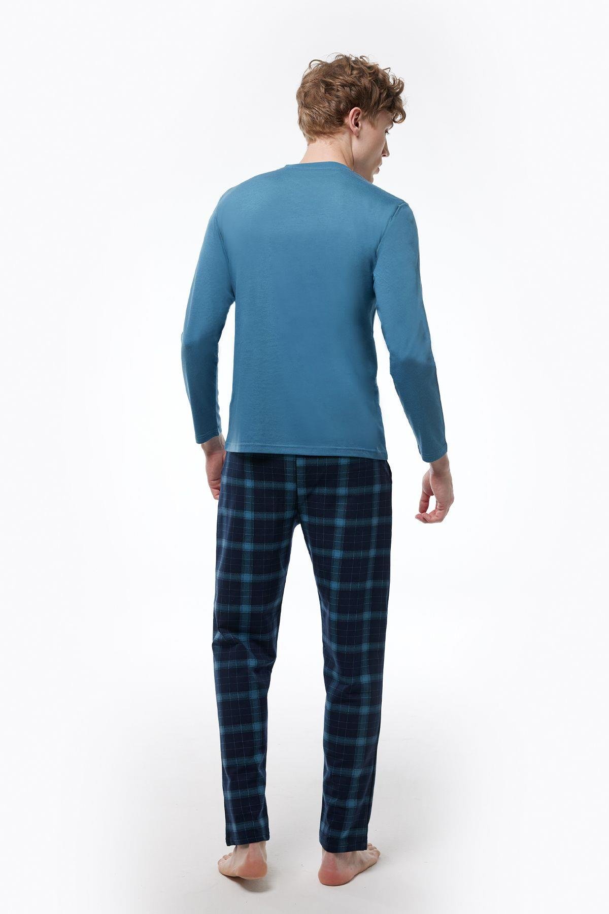 Füme Ekoseli Erkek Pijama Takımı V Yaka Kışlık Uzun Kollu Pijama 6014