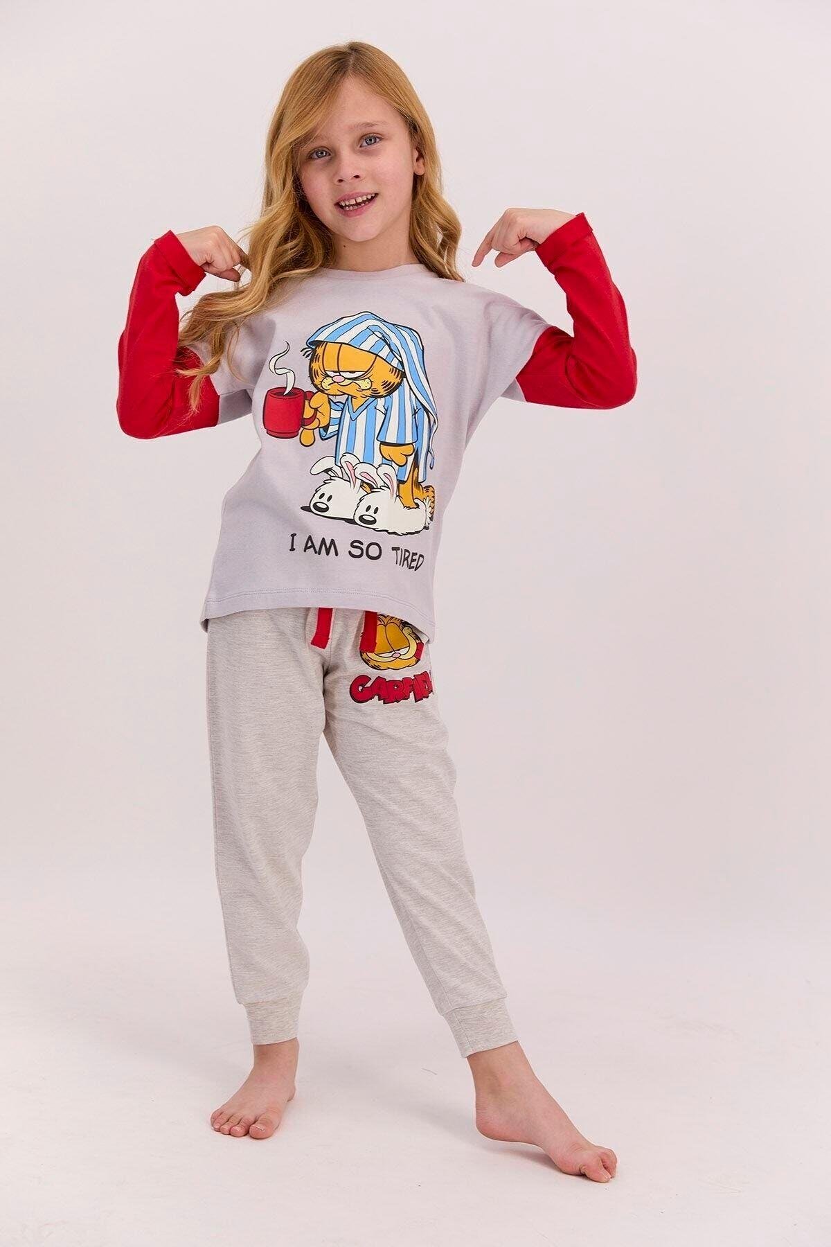 Garfield Lisanslı I'm So Tired Açık Gri Kız Çocuk Pijama Takımı L1411