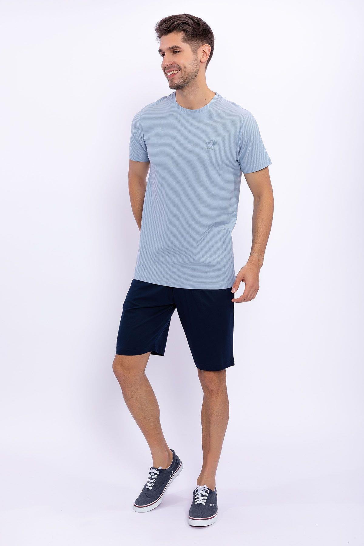 Gök Mavi Erkek Slim Fit Bermuda Takım