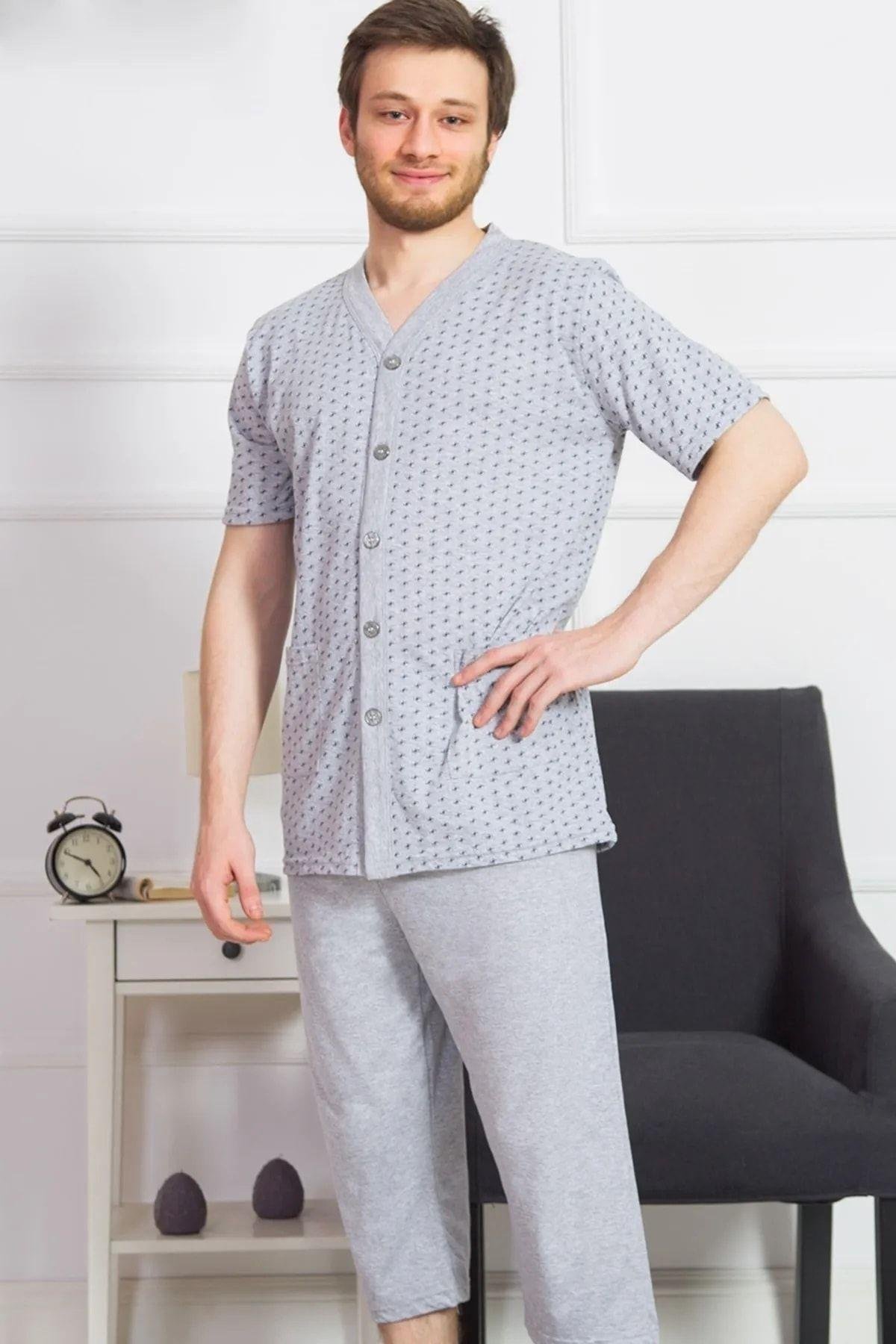 GOOD LOOK Erkek Gri Pamuk Kapri Pijama Takım