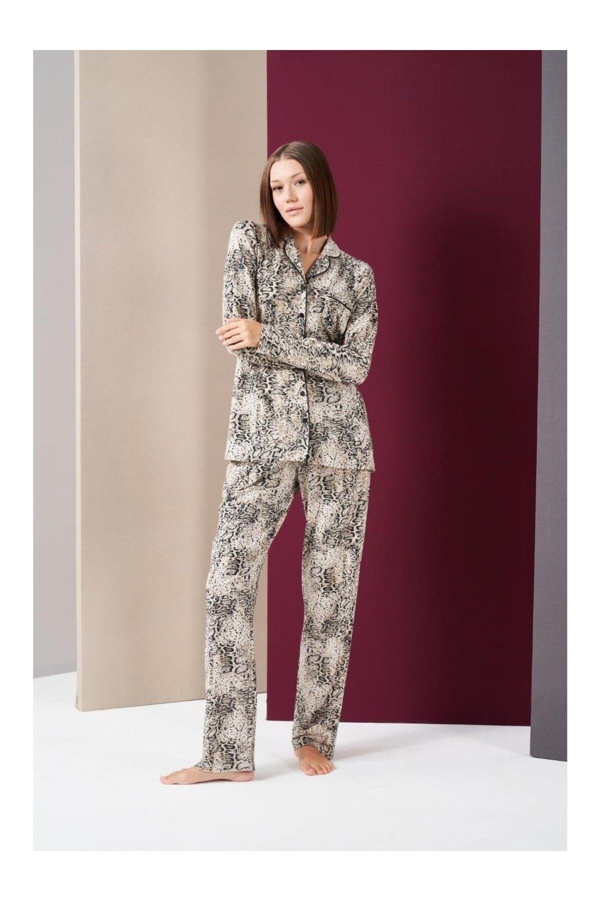Kadın Biyeli Düğmeli Uzun Kol Pijama Takım