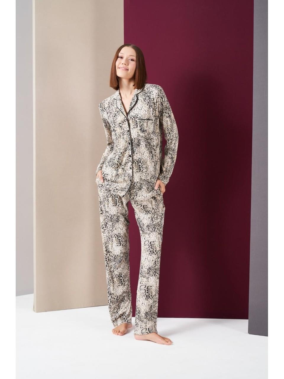 Kadın Biyeli Düğmeli Uzun Kol Pijama Takım