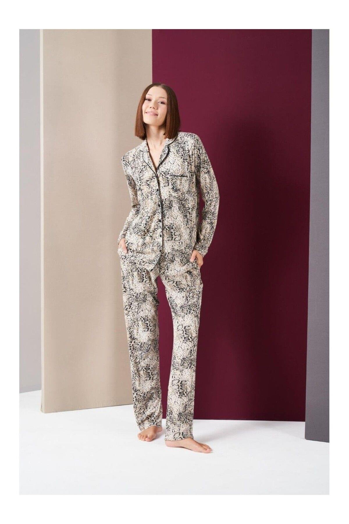 Kadın Biyeli Düğmeli Uzun Kol Pijama Takım