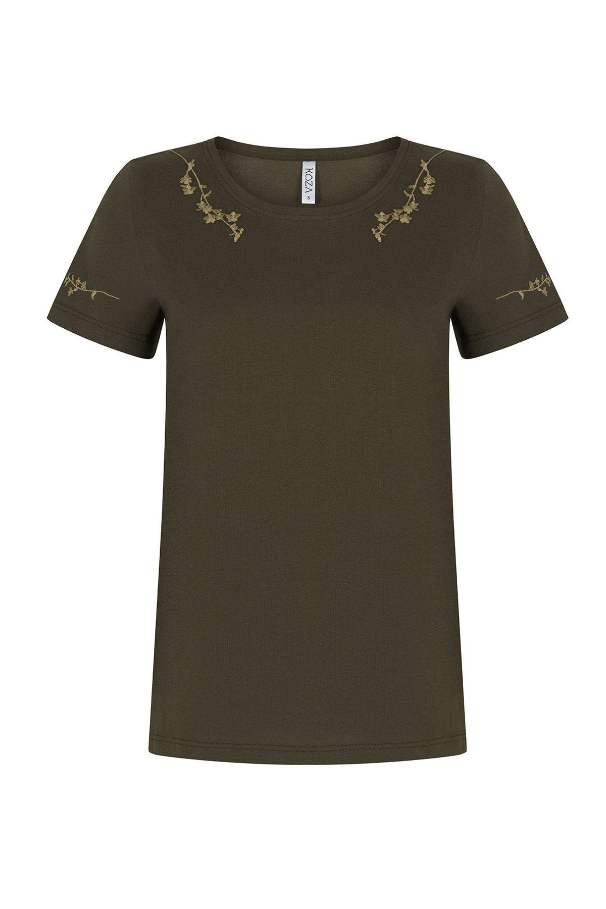 Kadın Çiçek Nakışlı Haki Rengi T-shirt 21091