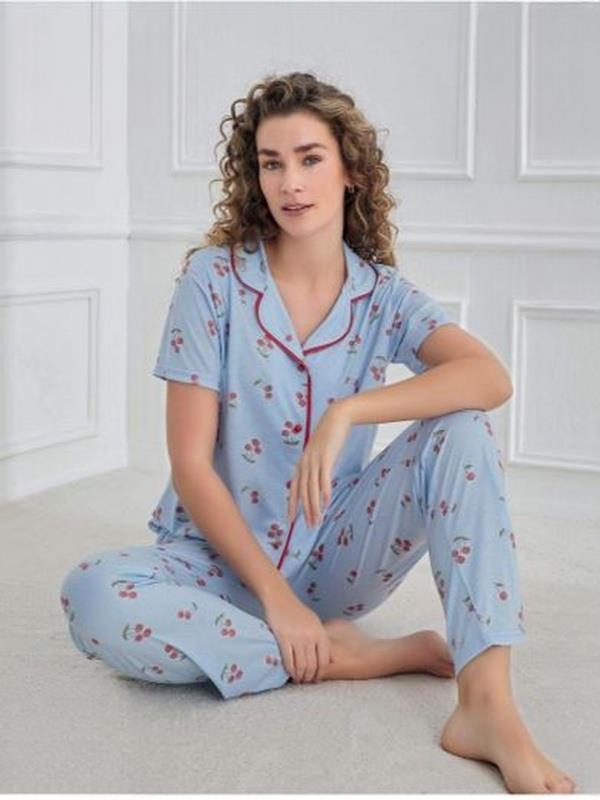 Kadın Kiraz Desenli Mavi Gömlek Pijama