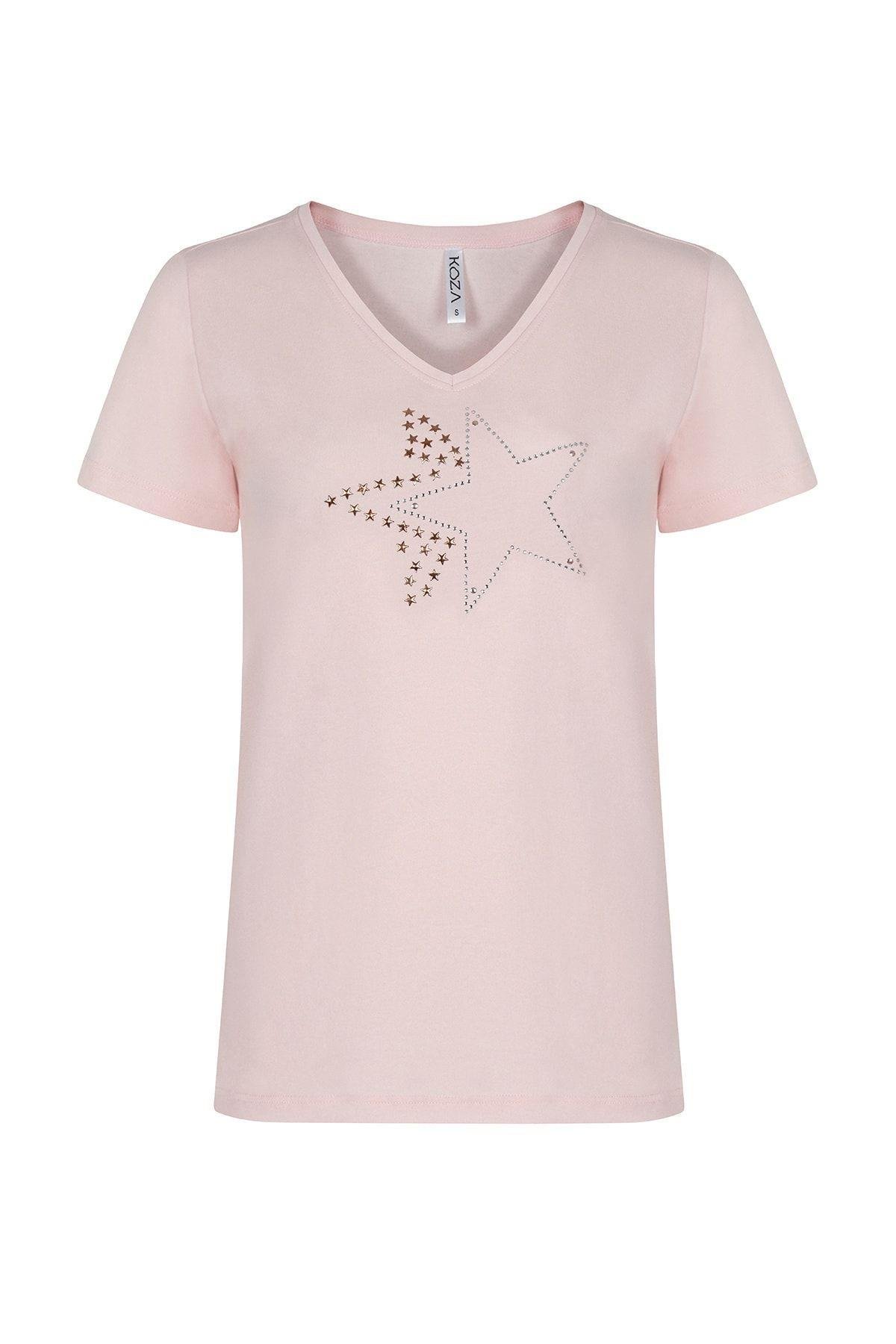 Kadın Pudra Pembe Yıldız Baskılı T-shirt 21085
