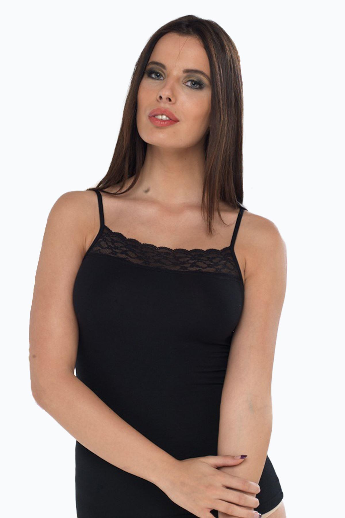 Kadın Siyah Ip Askılı Dantelli Modal Body 1045