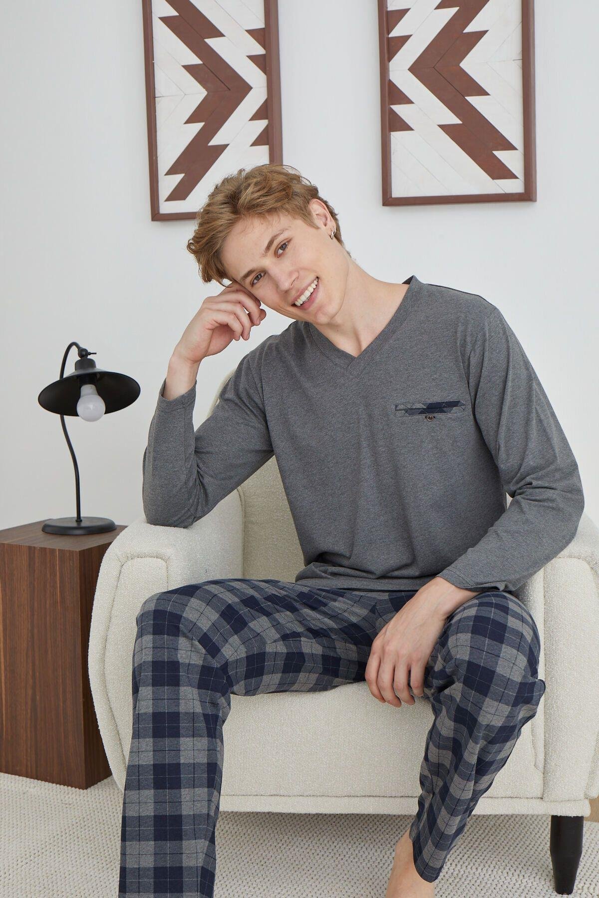 KLY 6003 V Yaka Ekoseli Orta Kalın Pijama Takım