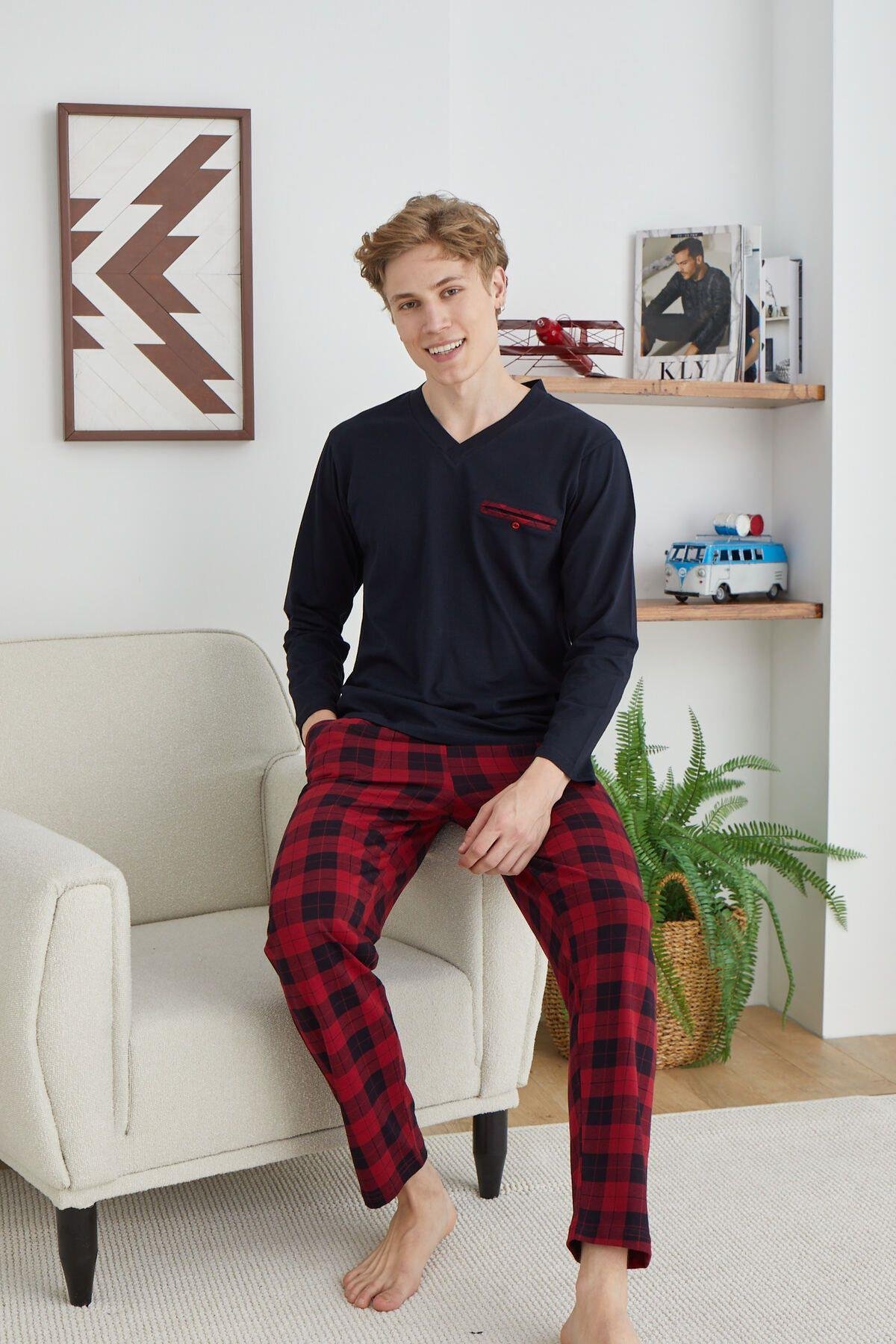 KLY 6003 V Yaka Ekoseli Orta Kalın Pijama Takım