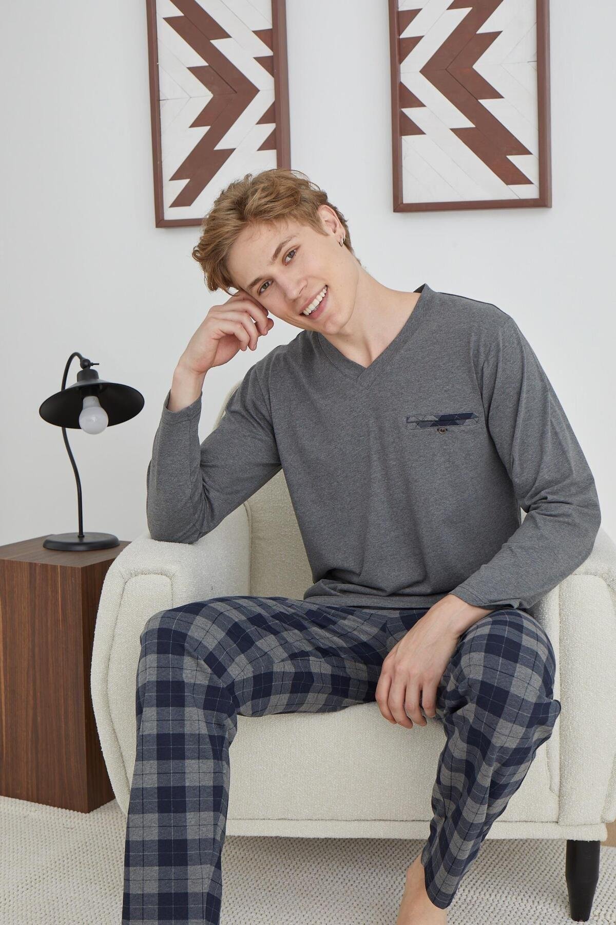 KLY 6003 V Yaka Ekoseli Orta Kalın Pijama Takım