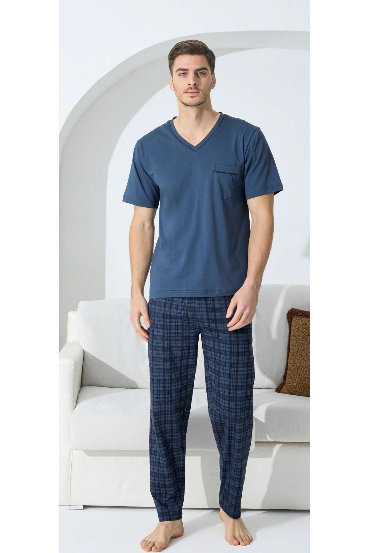 KLY 9508 V Yaka Ekoseli Pijama Takım