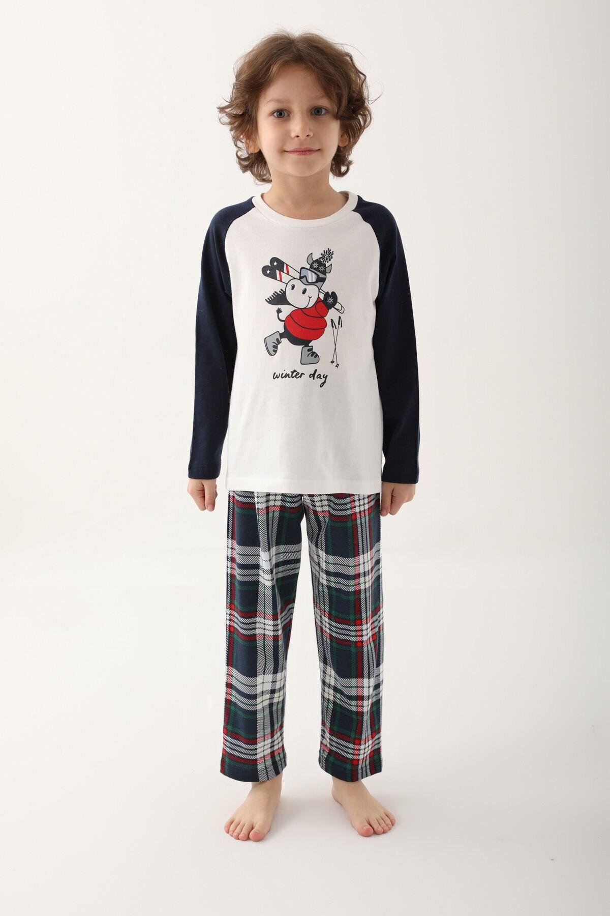 Krem Erkek Çocuk Uzun Kol Pijama Takım