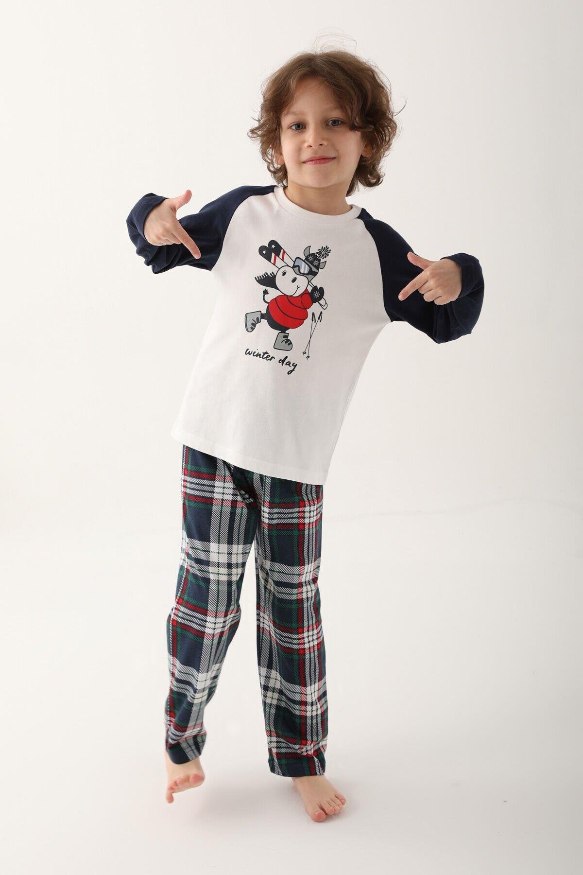 Krem Erkek Çocuk Uzun Kol Pijama Takım