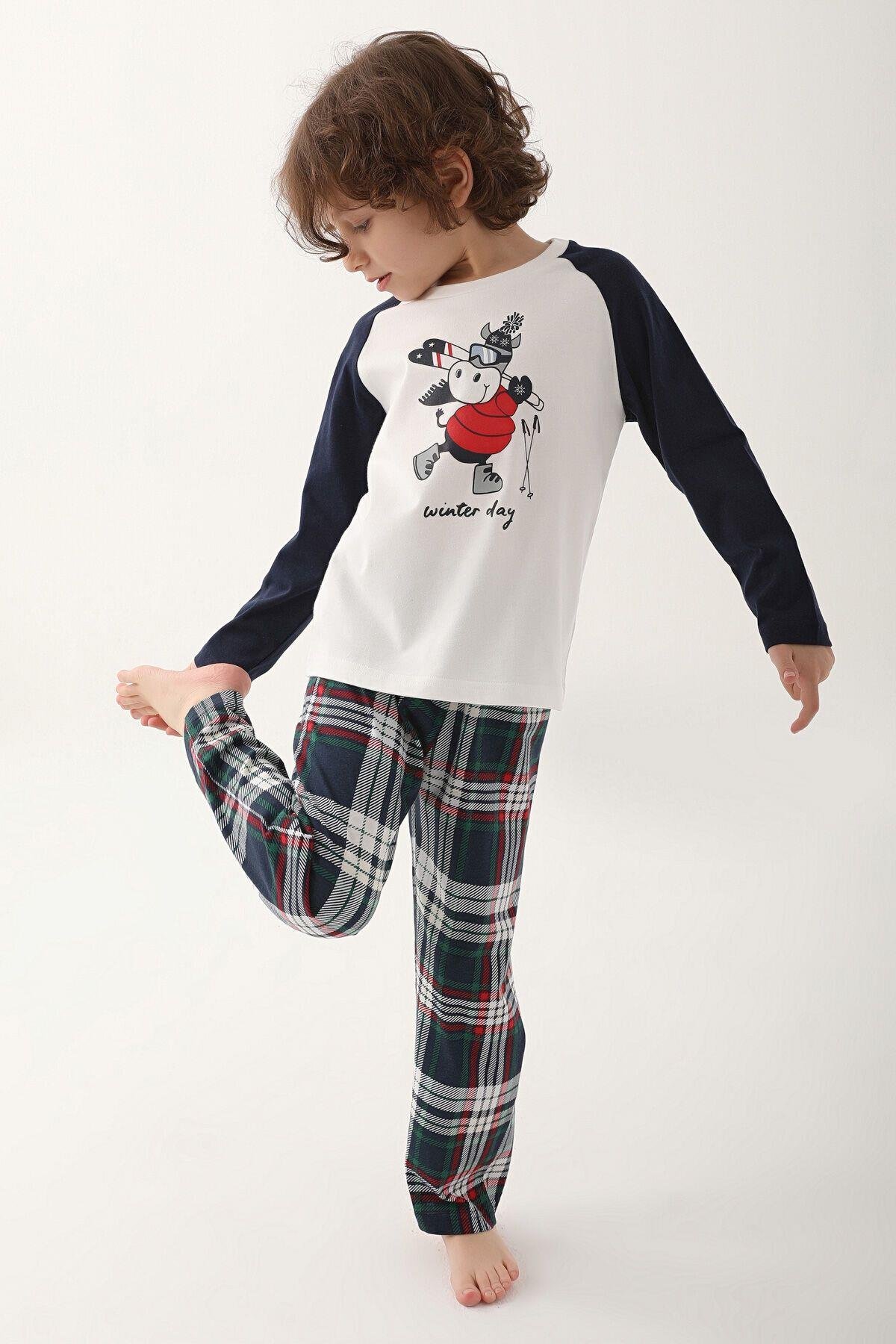Krem Erkek Çocuk Uzun Kol Pijama Takım