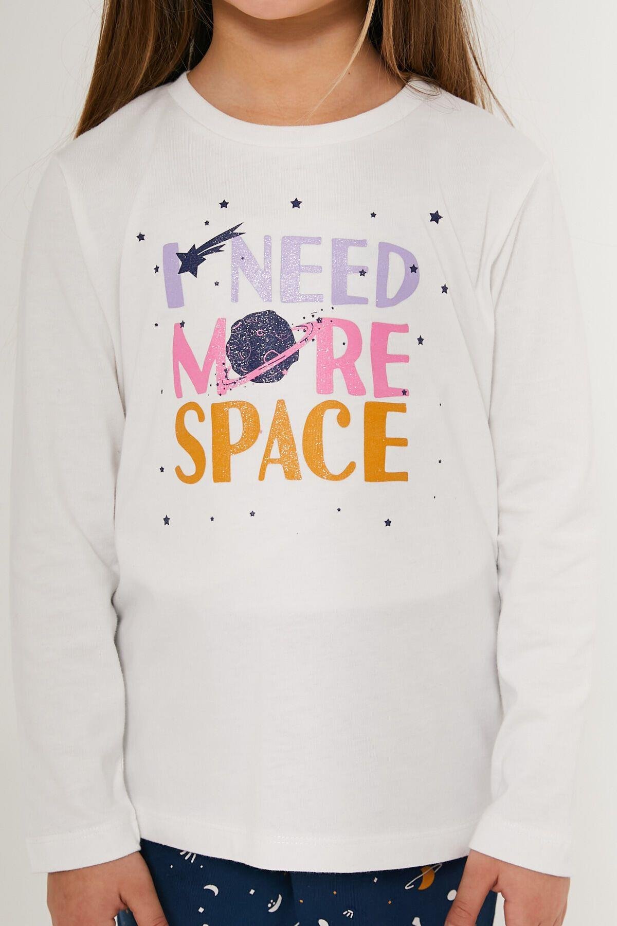 Need More Space Beyaz Kız Çocuk Uzun Kol Pijama Takım