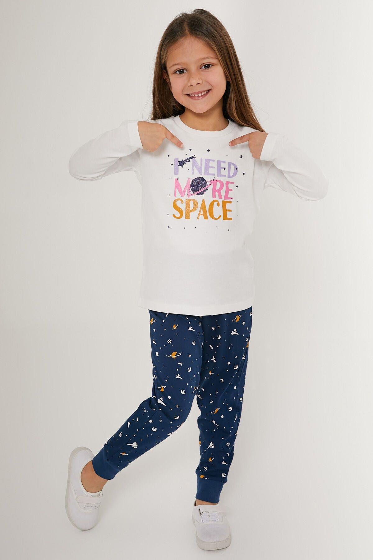 Need More Space Beyaz Kız Çocuk Uzun Kol Pijama Takım