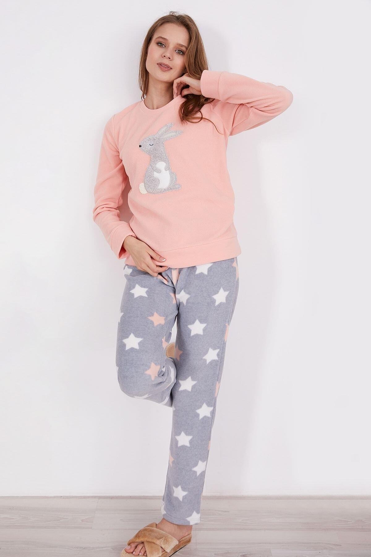 Rabbit Star Pembe Kadın Uzun Kol Pijama Takım