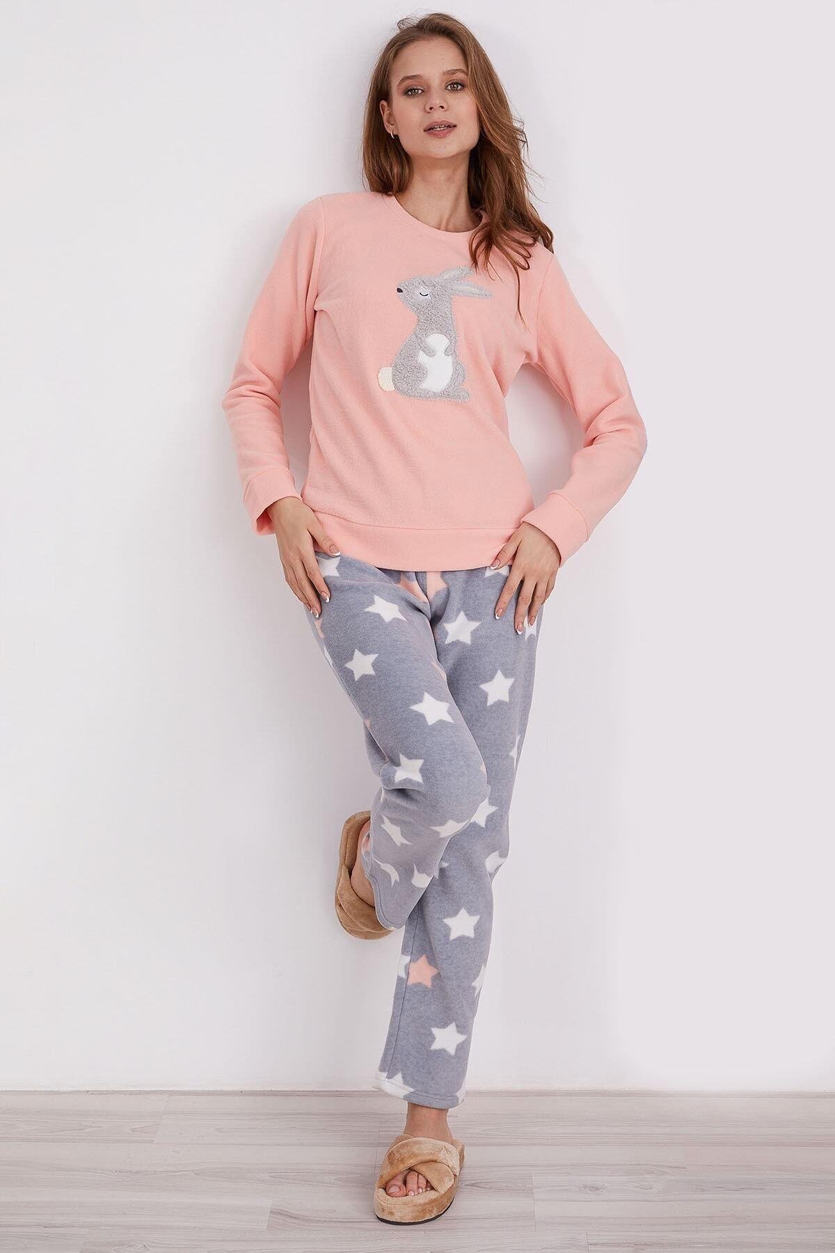 Rabbit Star Pembe Kadın Uzun Kol Pijama Takım