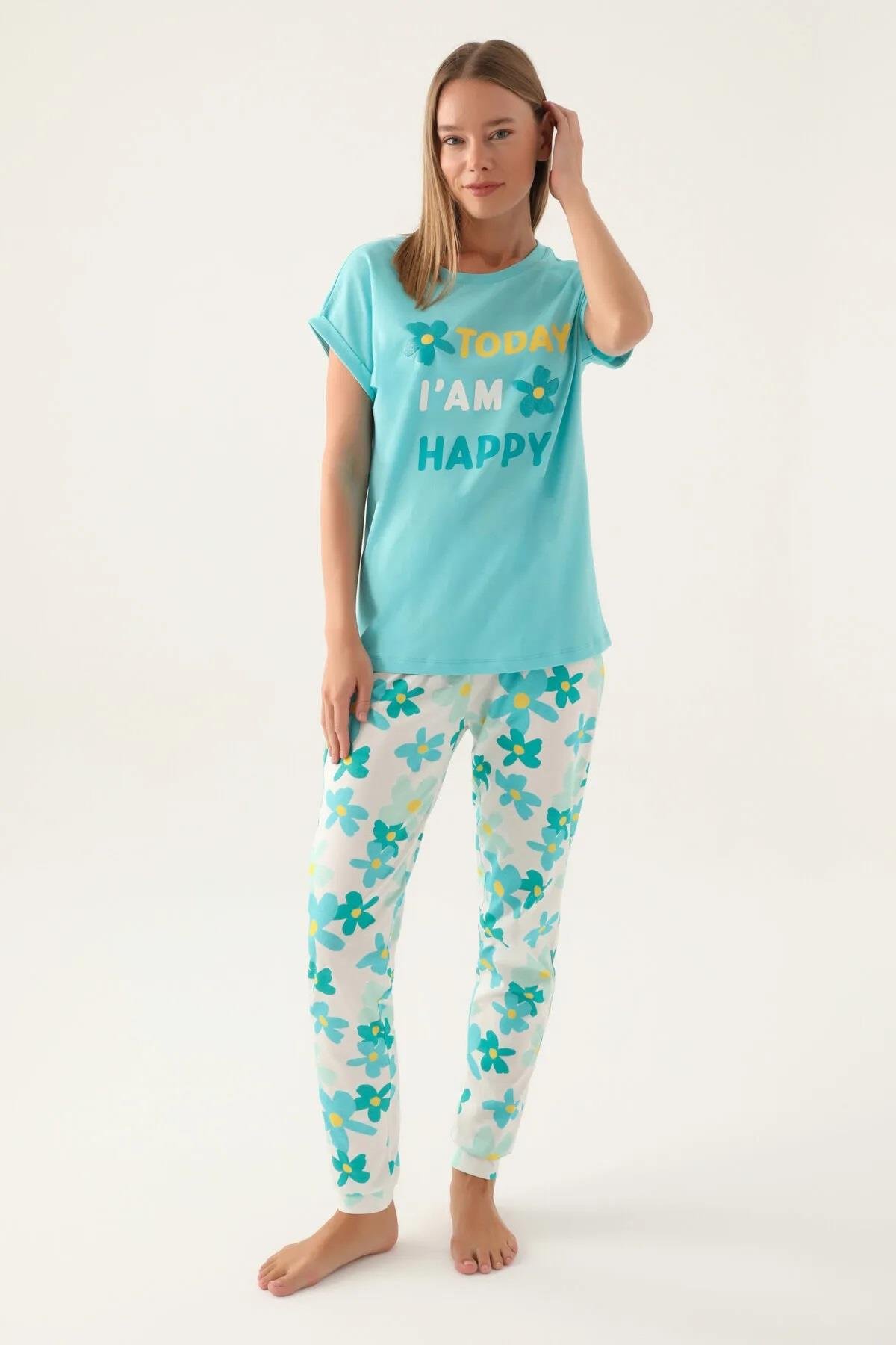 RolyPoly Kadın Turkuaz Kısa Kol Pijama Takım