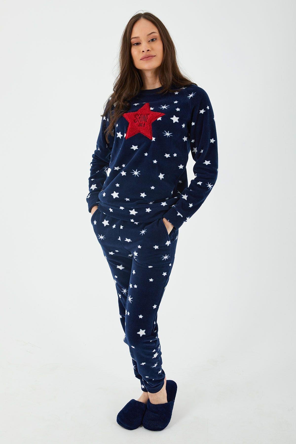 Shine Lacivert Kadın Uzun Kol Pijama Takım