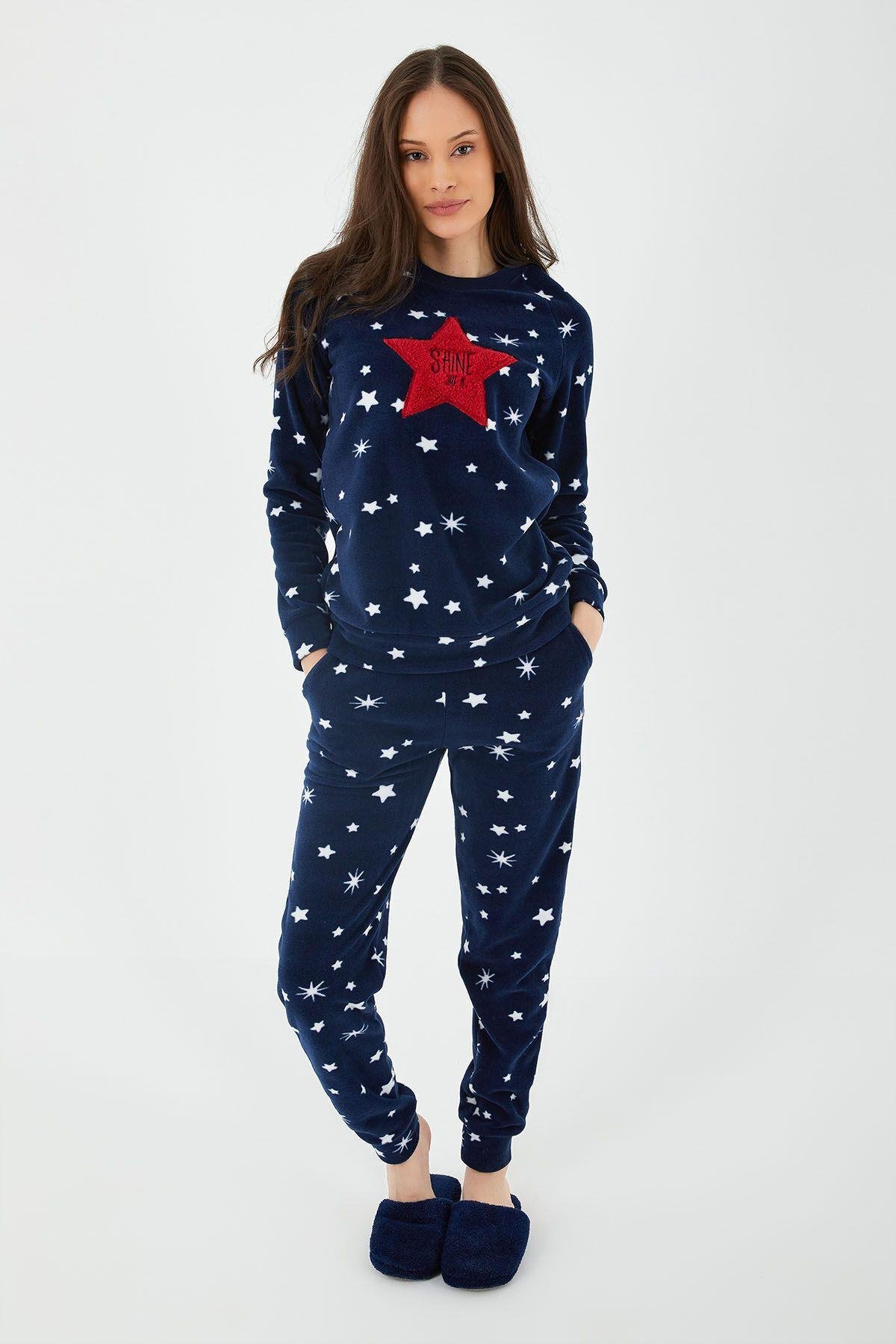 Shine Lacivert Kadın Uzun Kol Pijama Takım