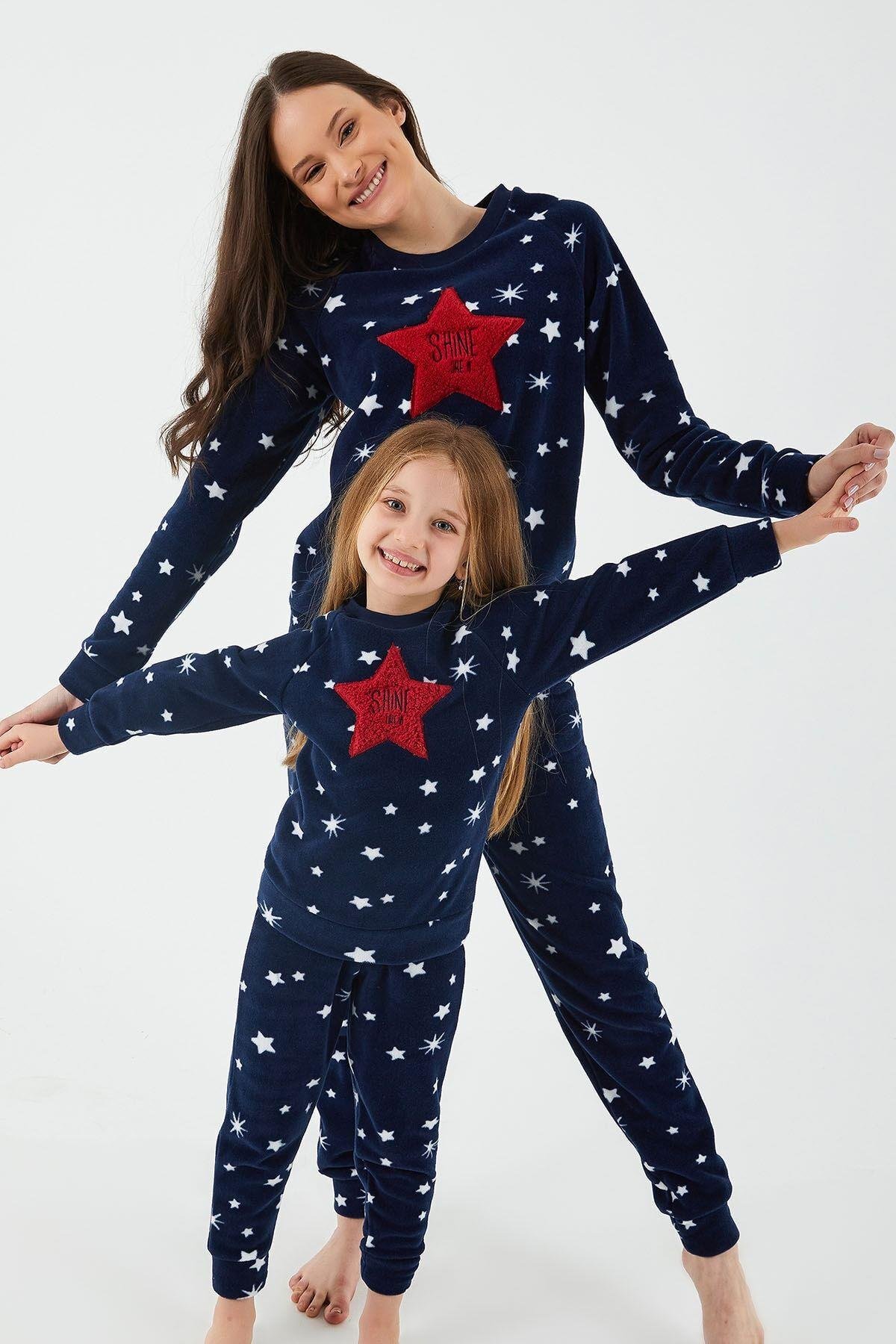 Shine Lacivert Kız Çocuk Uzun Kol Pijama Takım