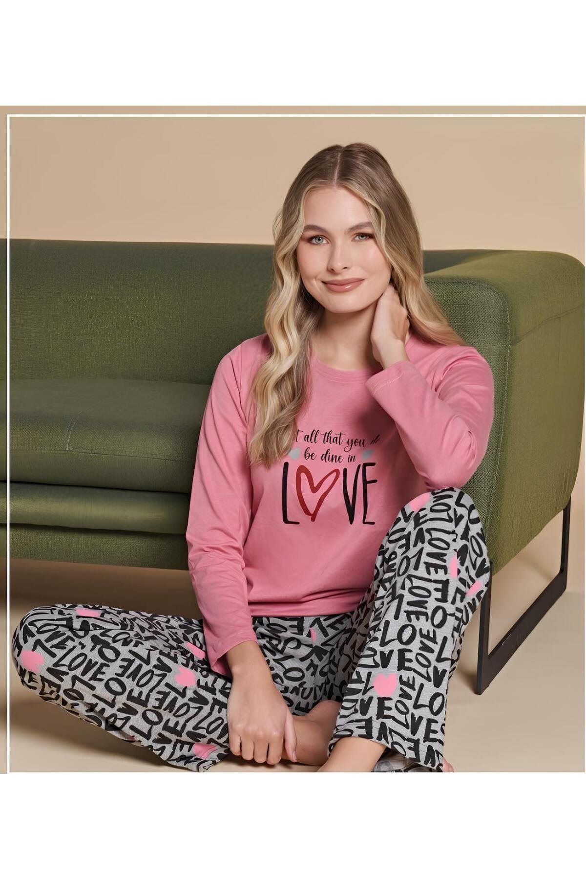 Sıfır Yaka Uzun Kollu Kadın Pijama Takımı