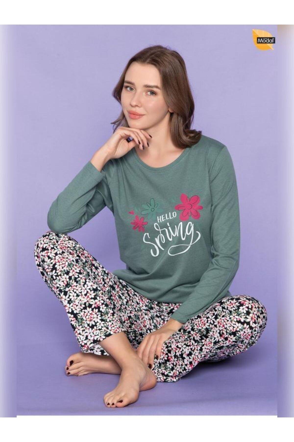 Sıfır Yaka Uzun Kollu Kadın Pijama Takımı