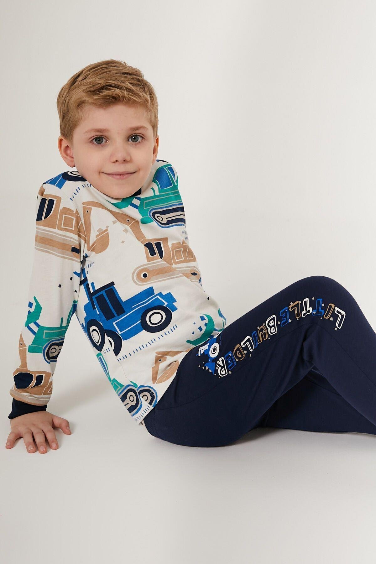 Tractor Beyaz Erkek Çocuk Uzun Kol Pijama Takım