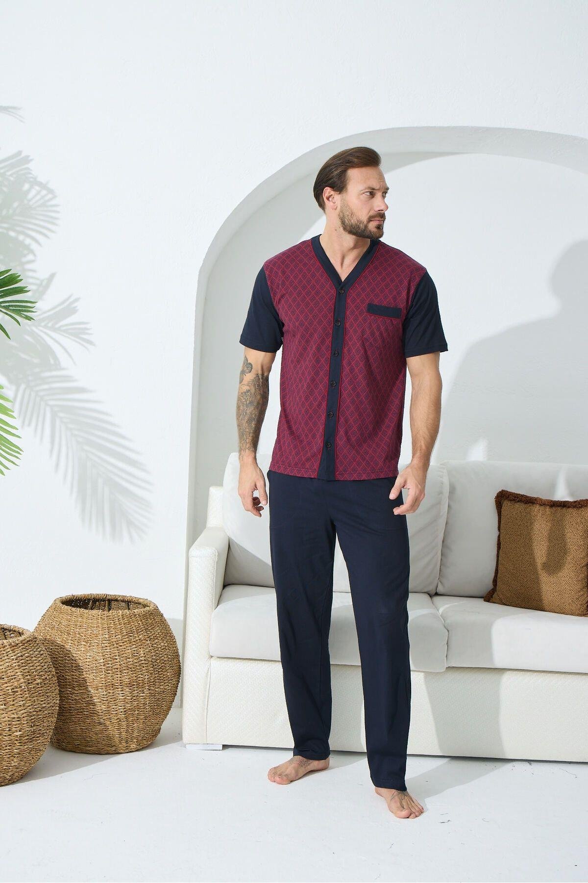 V Yaka Boydan Düğmeli Pijama Takım