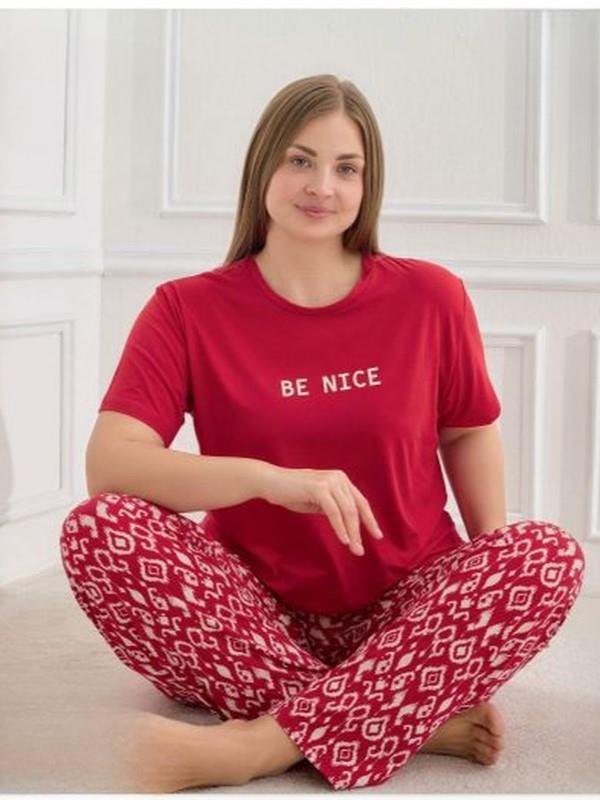 Yumuşak Dokulu Milan Kumaş Kırmızı Kadın Battal Pijama Takımı