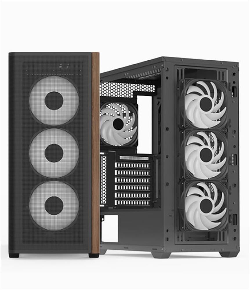 Aerocool AE  D501A BK 4x12cm A-RGB Fanlı, Ahşap Ön Panel Temp Cam Yan ve Mesh Ön Panel,USB Type-C