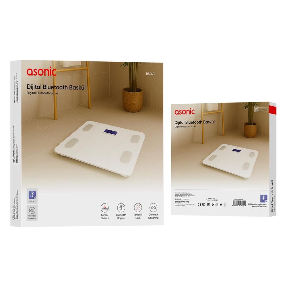 Asonic BS260 Beyaz 2-AAA Pil Dijital Bluetooth Baskül (Sensör-Temperli Cam-Otomatik Sıfırlama)