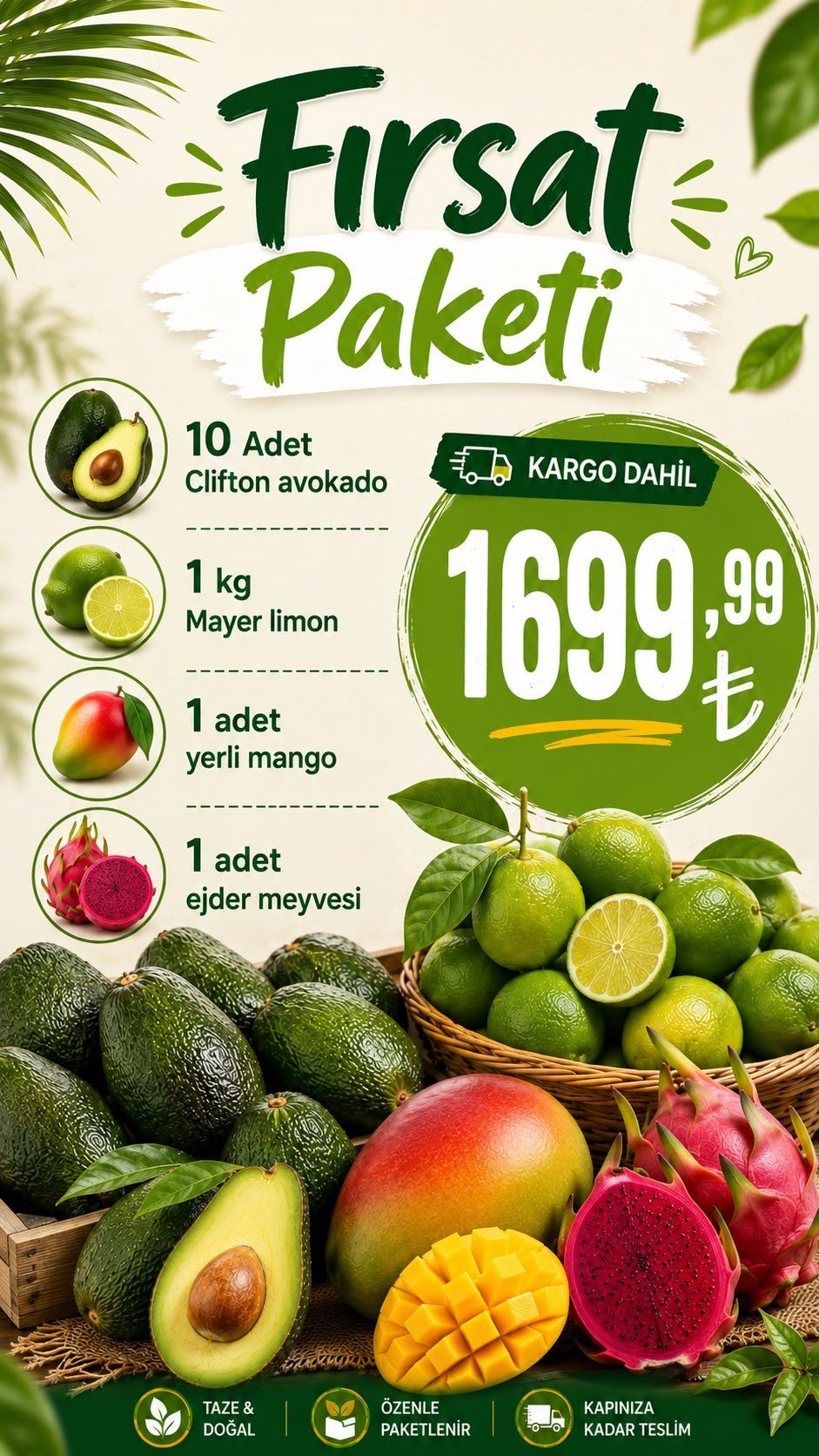 Fırsat Paketi (10 Adet Clifton Avokado, 1 Kg Mayer Limon, 1 Adet Ejder Meyvesi, 1 Adet Mango) 