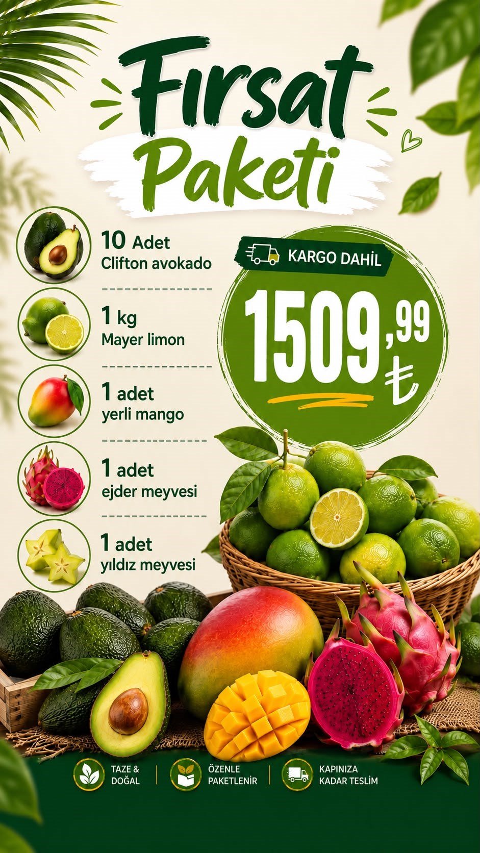 Fırsat Paketi (10 Adet Clifton Avokado, 1 Kg Mayer Limon, 1 Adet Ejder Meyvesi, 1 Adet Mango, 1 Adet Yıldız Meyvesi)) 