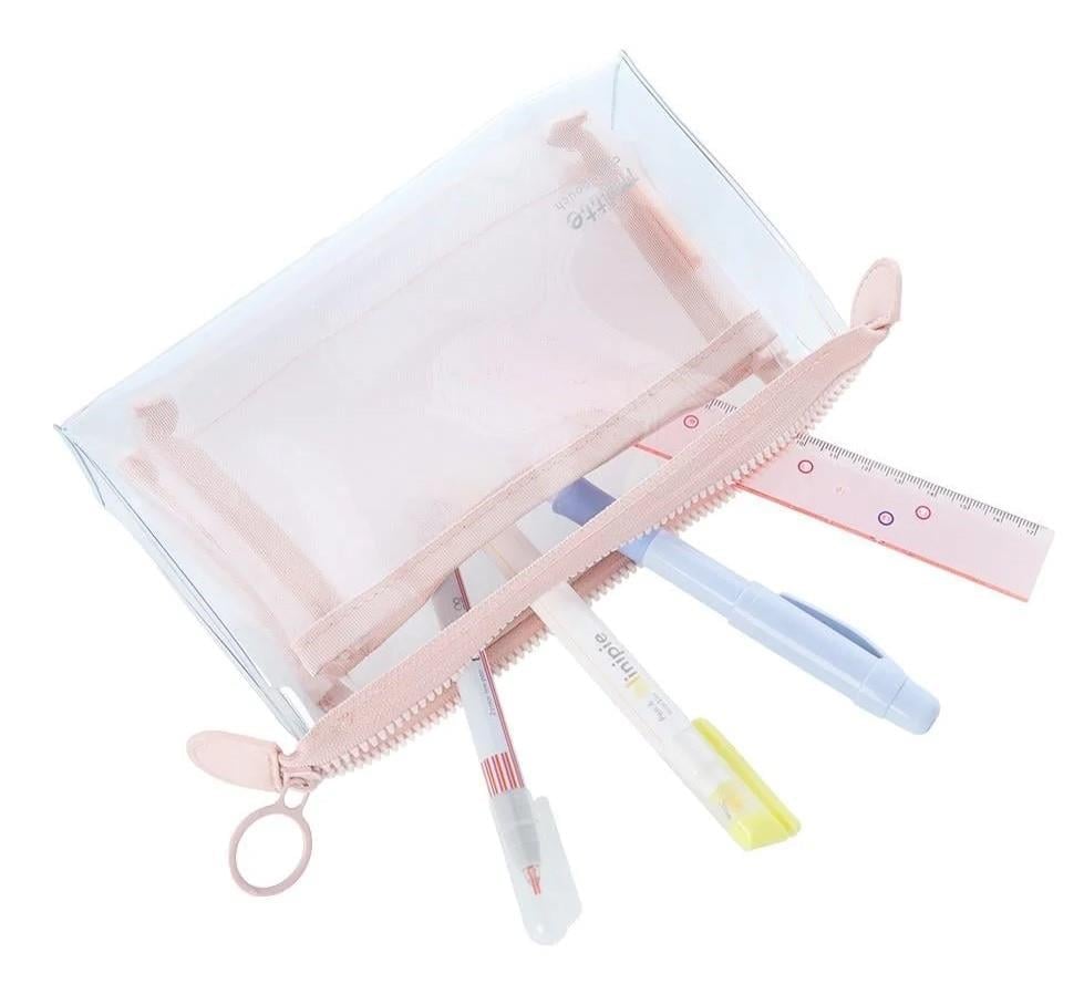  Mitte Çift Bölmeli Şeffaf Pouch Kalemlik Pembe