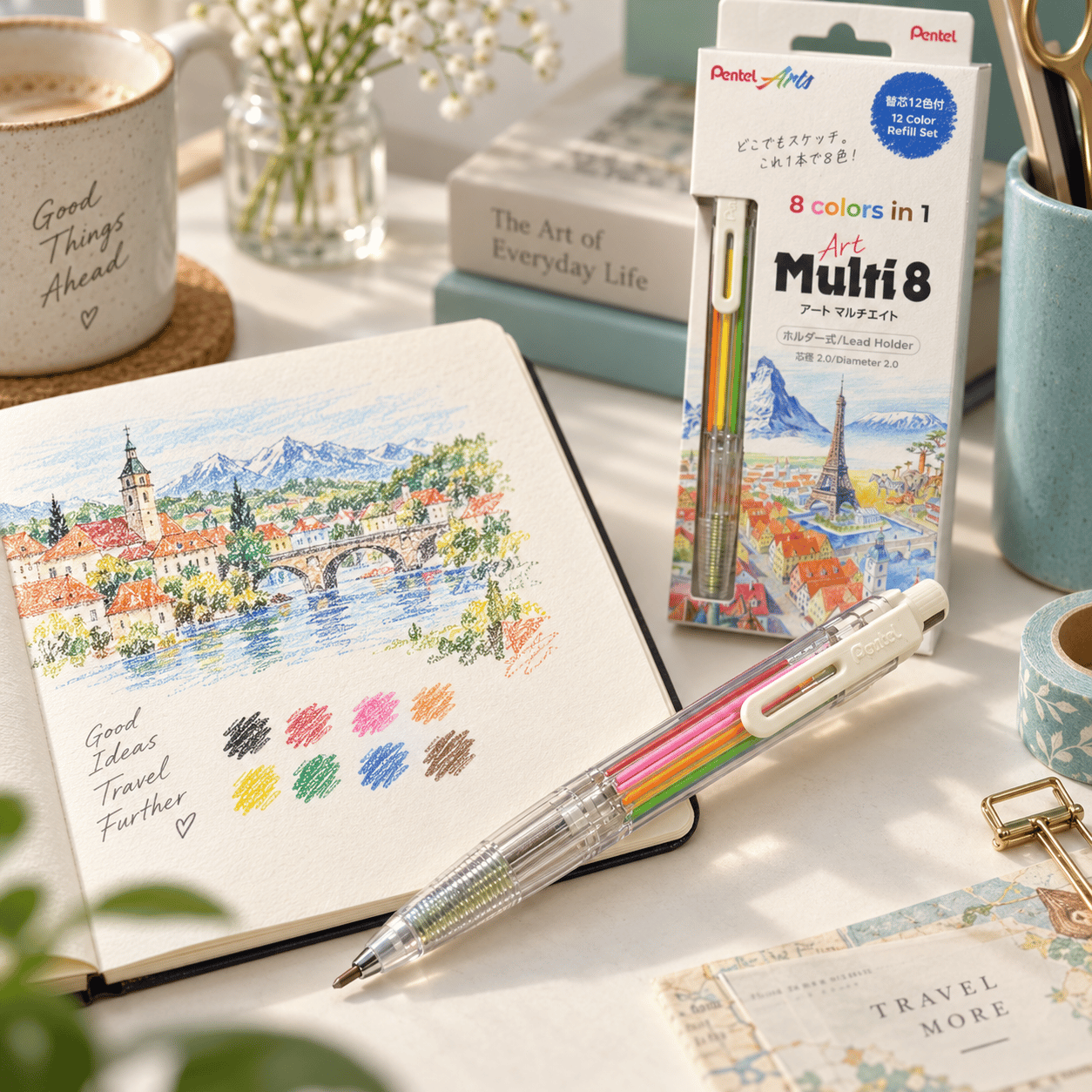 Pentel Art Multi 8 Çok Renkli Çizim Kalemi ve 12 Renk Yedek Uç Seti 2.0 mm