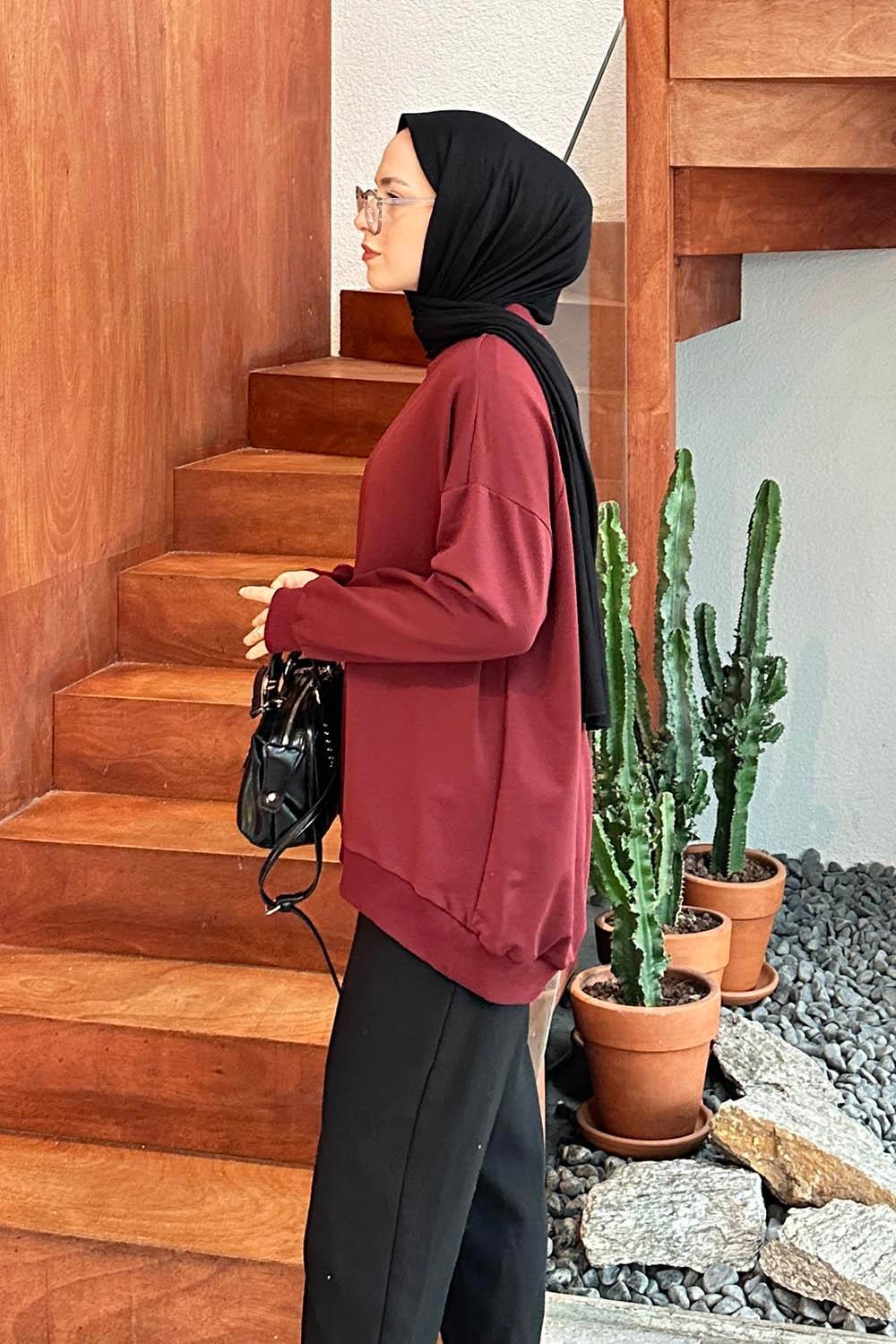 Etiket Detaylı Oversize Sweatshirt Bordo