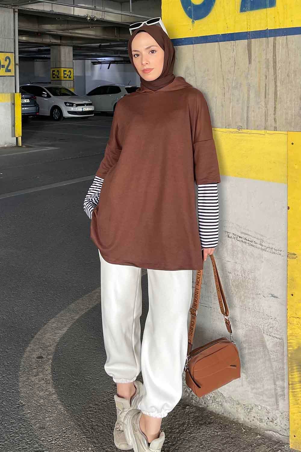 Kolu Çizgi Detaylı Kapüşonlu Sweat Acı Kahverengi