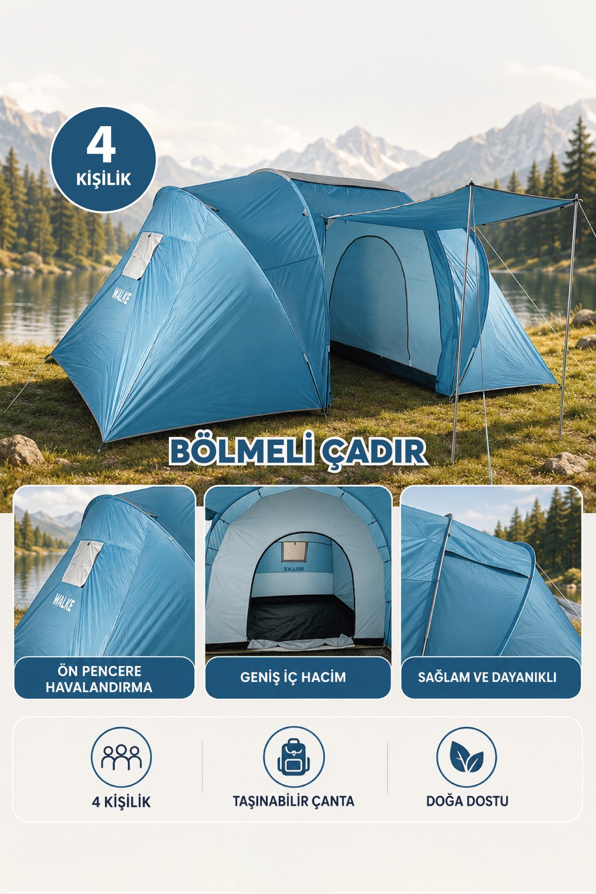 Walke 4 Kişilik Çift Bölmeli Aile Kamp Çadırı Su Geçirmez Polyester 460 X 230 X 185