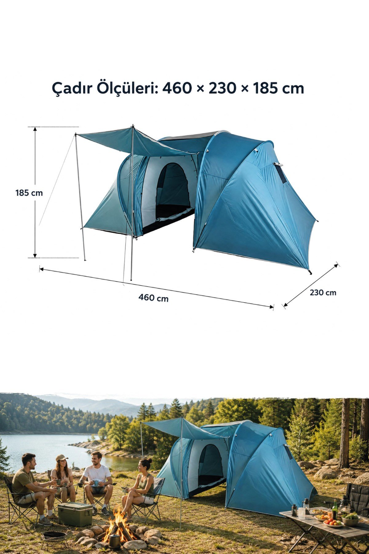 Walke 4 Kişilik Çift Bölmeli Aile Kamp Çadırı Su Geçirmez Polyester 460 X 230 X 185
