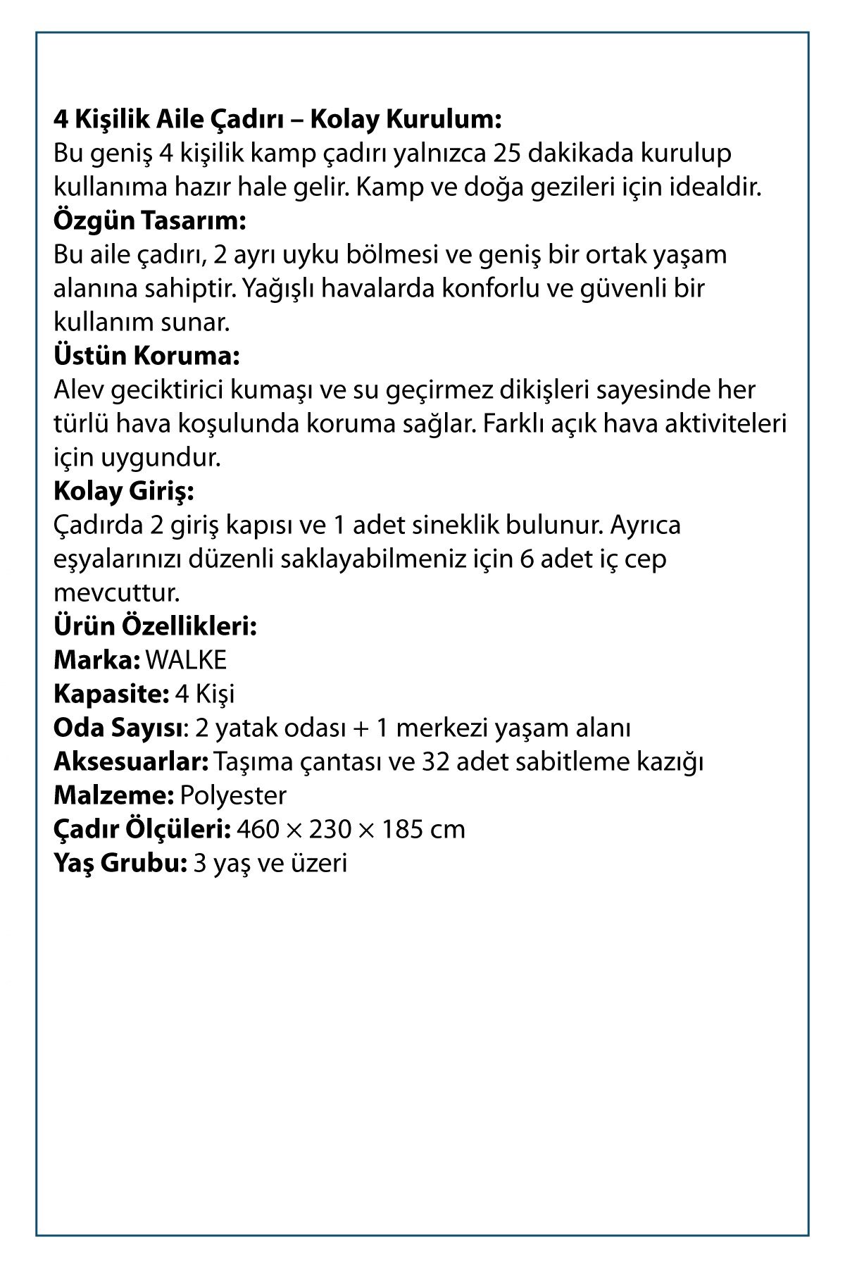 Walke 4 Kişilik Çift Bölmeli Aile Kamp Çadırı Su Geçirmez Polyester 460 X 230 X 185