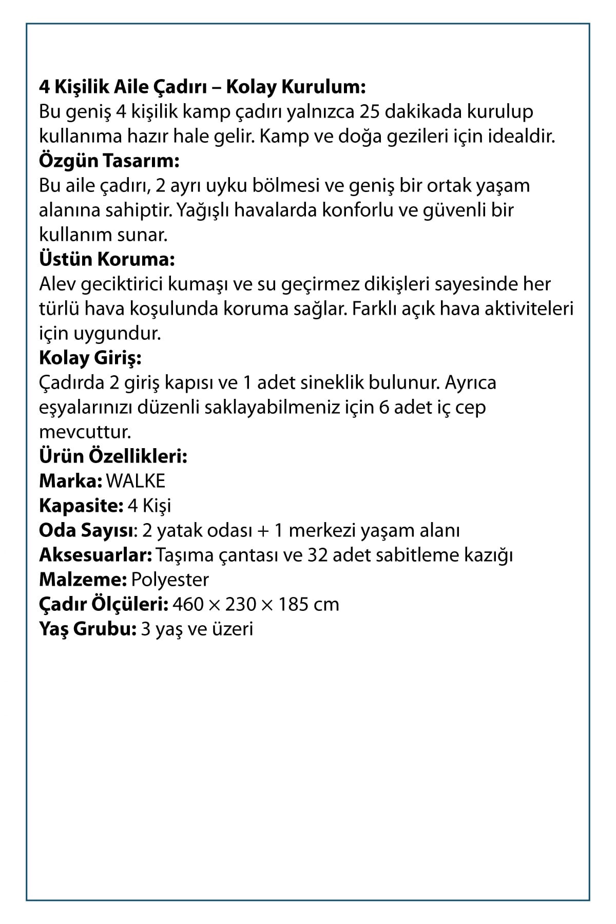 Walke 4 Kişilik Çift Bölmeli Aile Kamp Çadırı Su Geçirmez Polyester 460 X 230 X 185