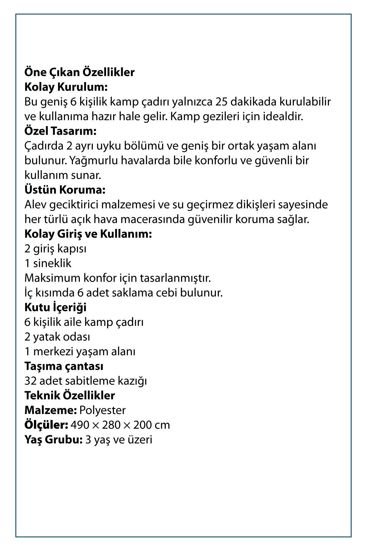 Walke 6 Kişilik Çift Bölmeli Aile Kamp Çadırı Su Geçirmez Polyester 490 X 280 X 200