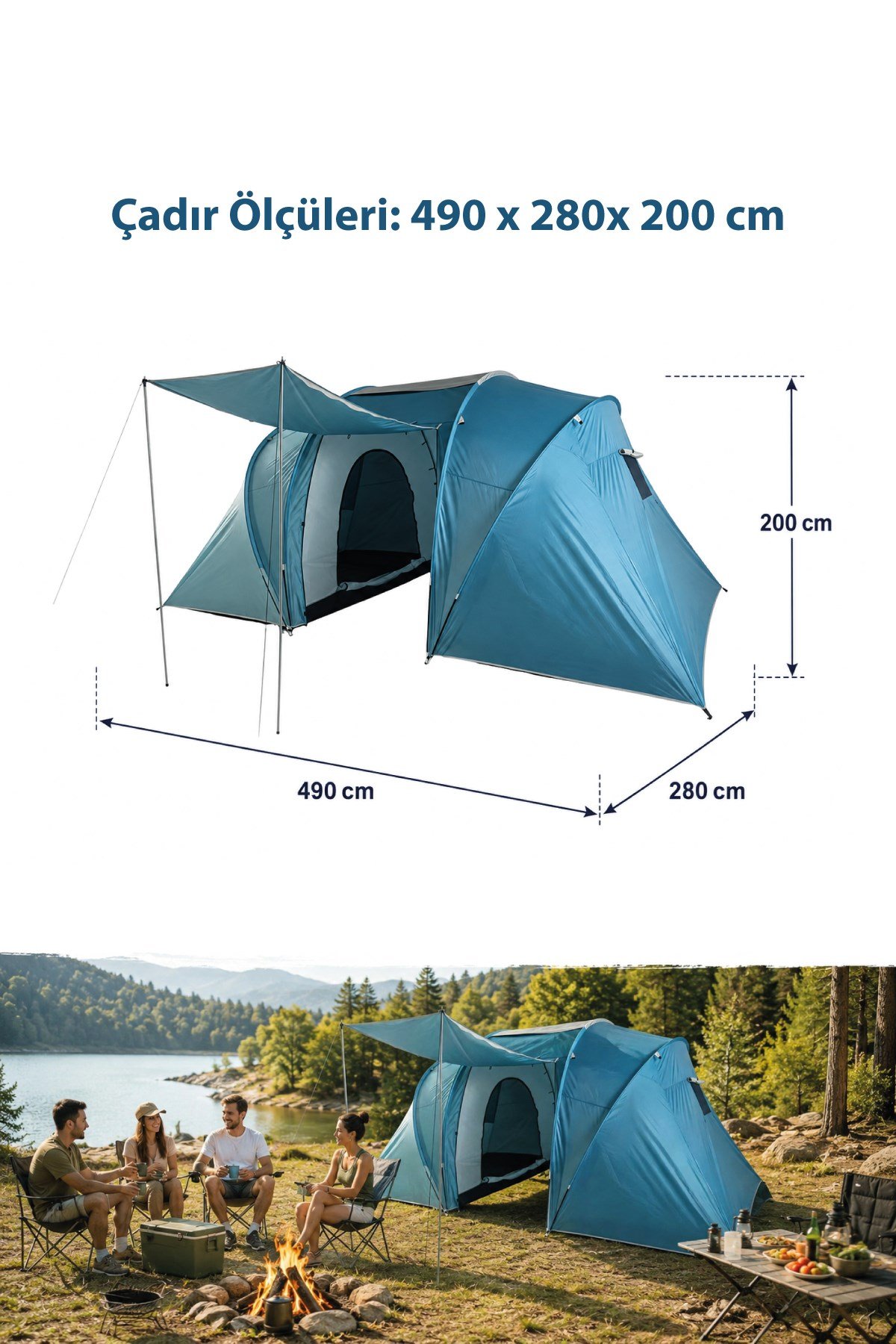 Walke 6 Kişilik Çift Bölmeli Aile Kamp Çadırı Su Geçirmez Polyester 490 X 280 X 200