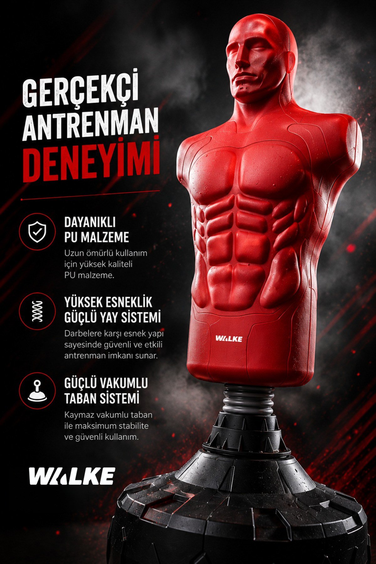 Walke Boks Torbası Manken 175 cm Profesyonel Antrenman Standı – Vakumlu Tabanlı Kick Boks ve MMA