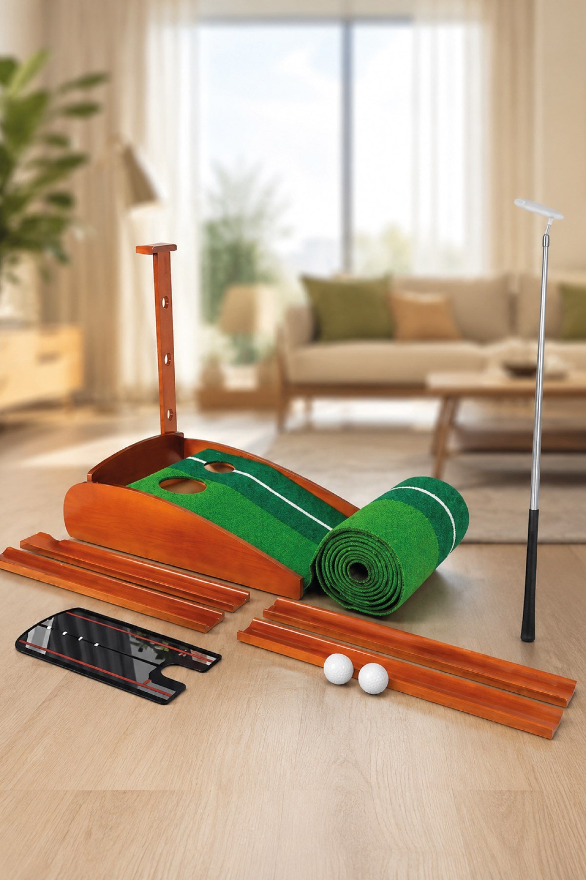 Walke Golf Putt Matı Ahşap Otomatik Top Dönüşlü Golf Antrenman Seti 3 Toplu 2 Delikli