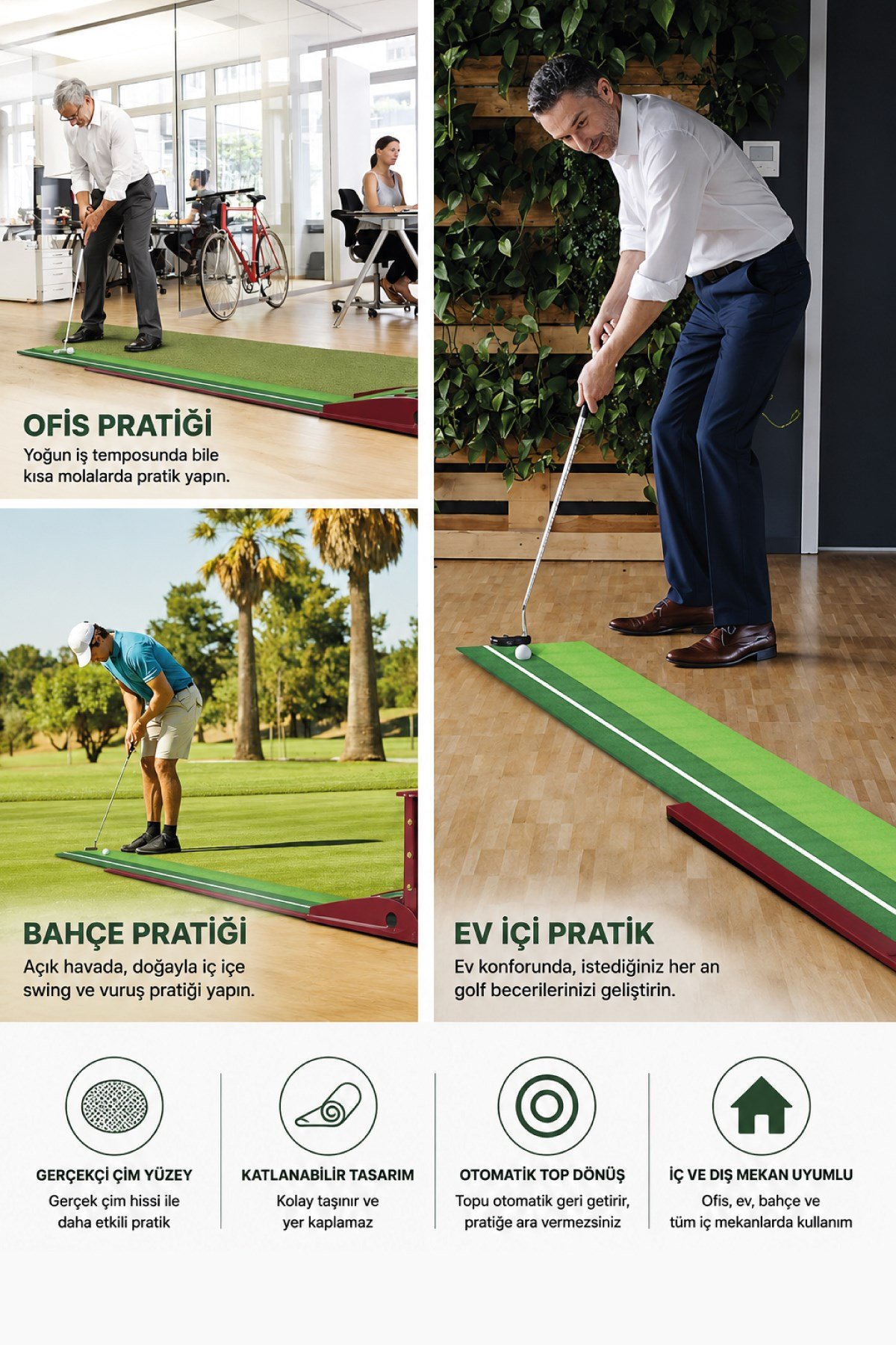 Walke Golf Putt Matı Ahşap Otomatik Top Dönüşlü Golf Antrenman Seti 3 Toplu 2 Delikli
