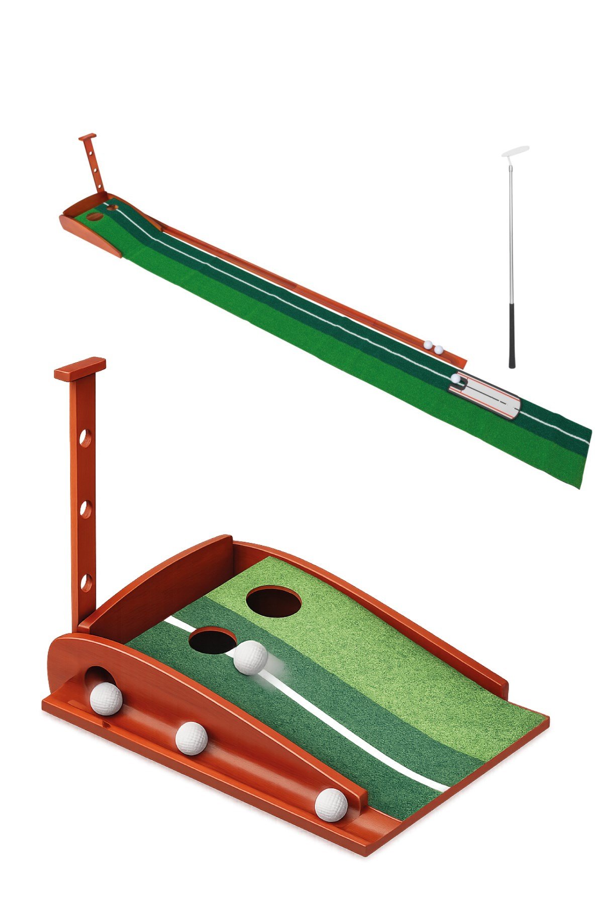 Walke Golf Putt Matı Ahşap Otomatik Top Dönüşlü Golf Antrenman Seti 3 Toplu 2 Delikli