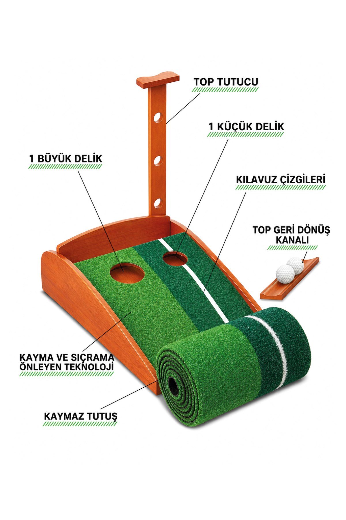 Walke Golf Putt Matı Ahşap Otomatik Top Dönüşlü Golf Antrenman Seti 3 Toplu 2 Delikli